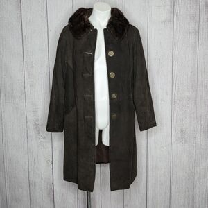 Vintage Suede Coat w/ Removable Real Fur Collar Penny Lane 70s Boho, sz 14